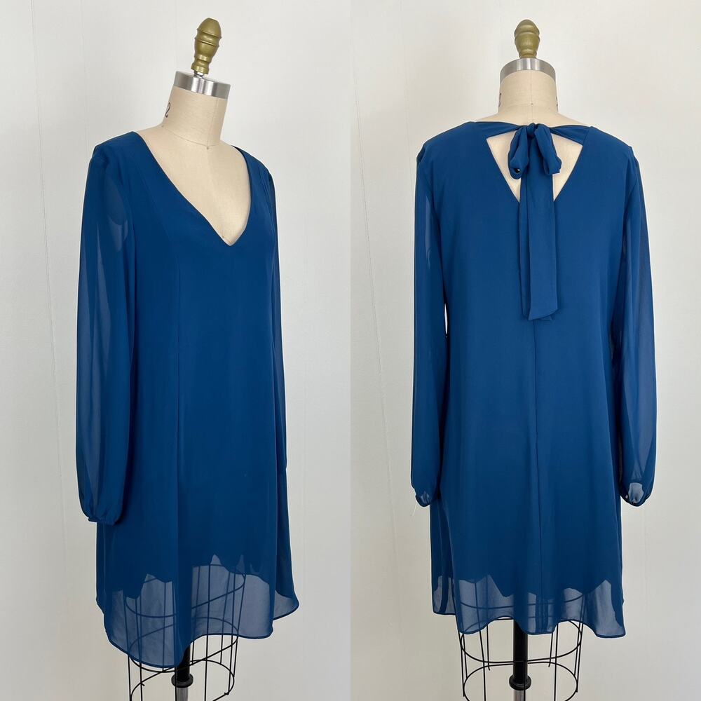 Macys Inc NWT Sheer Sleeve Dress XS Blue‎ Tie Back V Neck Flowy